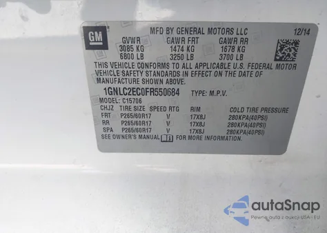 2015 Chevrolet Tahoe Commercial Fleet from USA, damaged, VIN 1GNLC2EC0FR550684